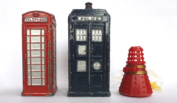 1950s Dinky Telephone Box, Dinky Police Hut 42a and 1960s Dalek Rolykin